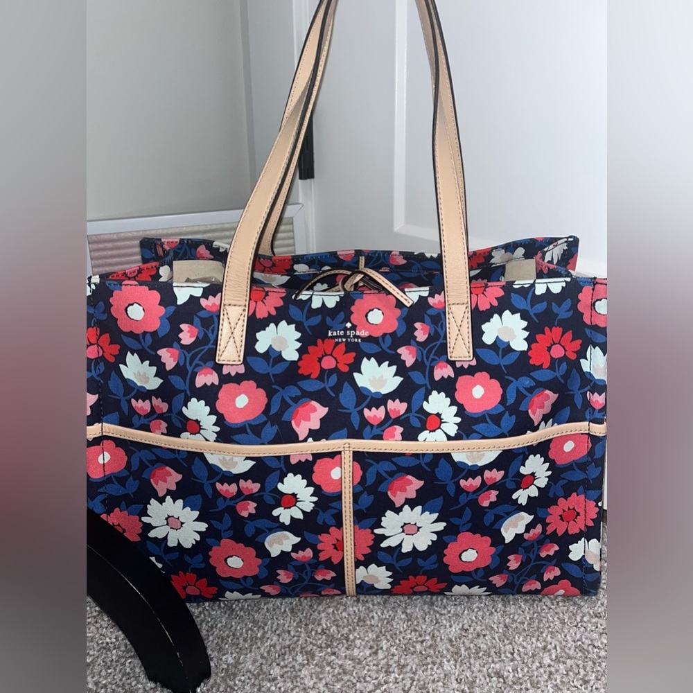 Kate Spade Washington Square Mega Sam Tote Rich Navy Pxru8568 Floral Print - Picture 3 of 10